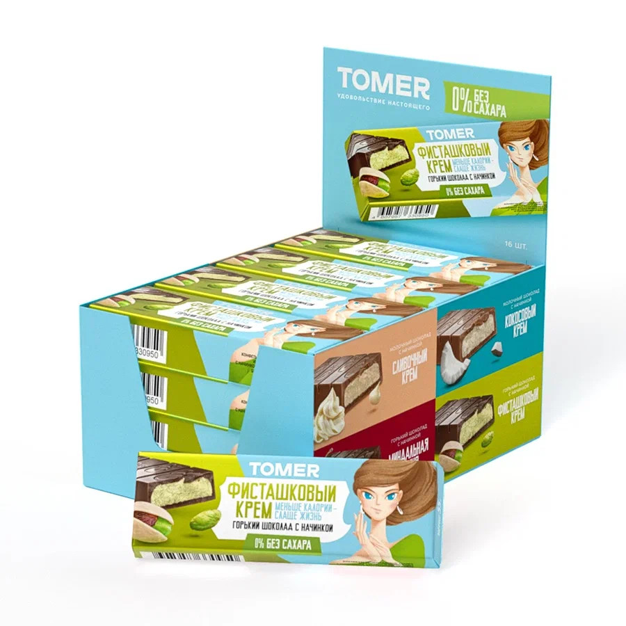  Фабрика Томер Батончики с начинкой ФИСТАШКОВЫЙ КРЕМ, БЕЗ САХАРА Горький шоколад,(блок 16шт по 55г) в Дербенте